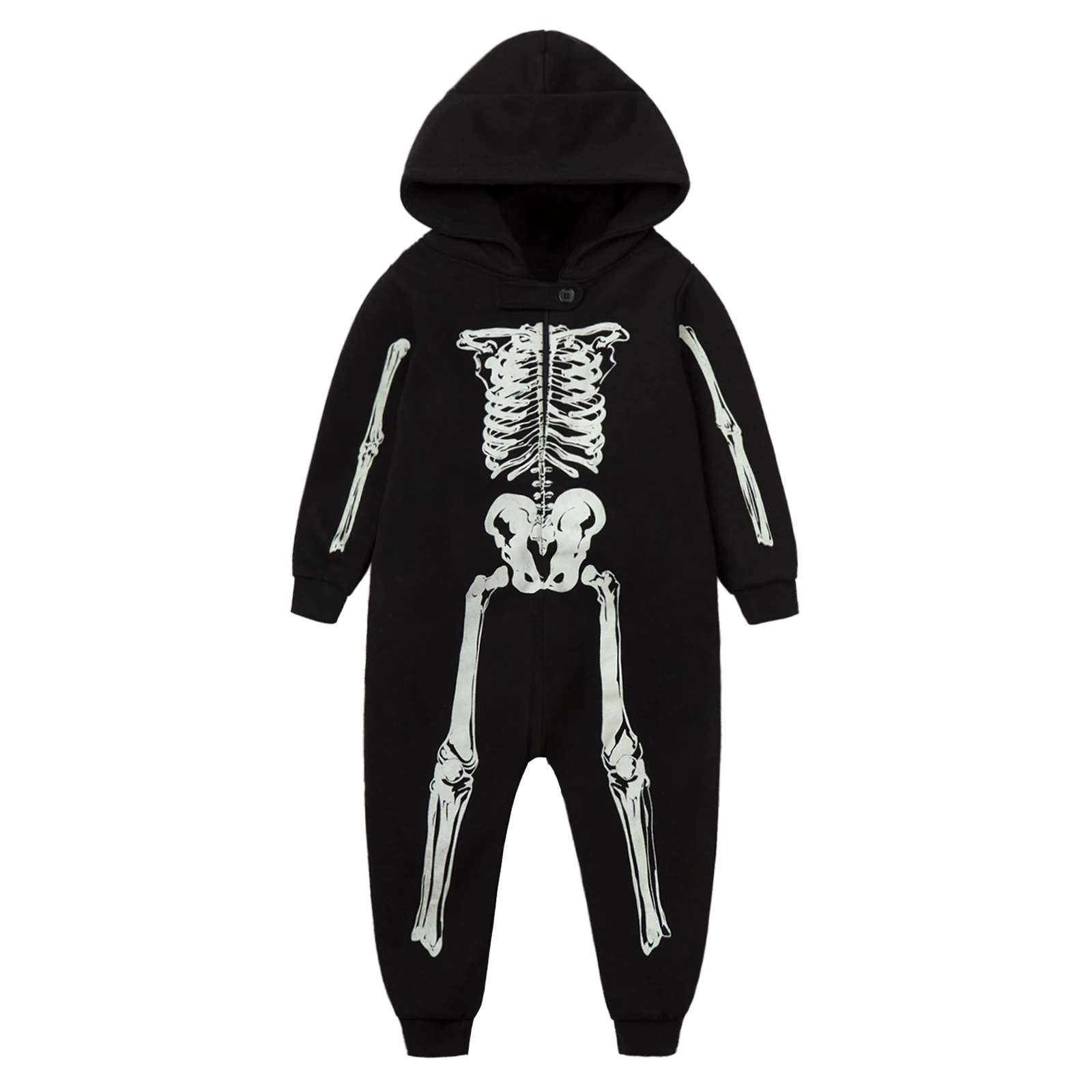 Mudkingdom Big Girls Boys Jumpsuit Baby Halloween Skull Romper with Hood Glow in the Dark Light Fleece Lined Clothes for Kids