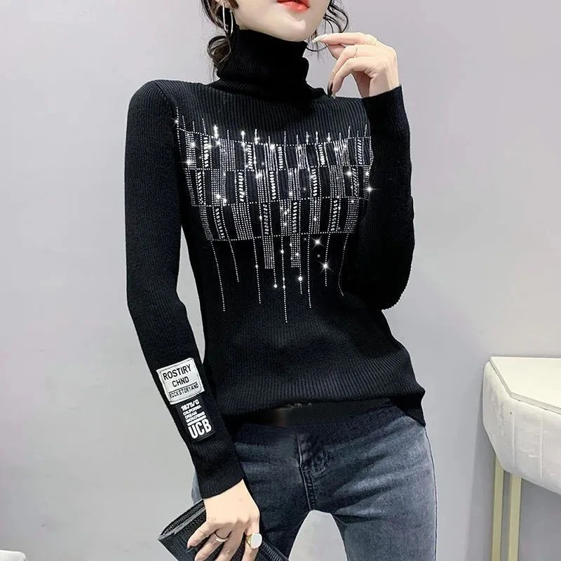 

Elegant Korean Slim Diamonds Casual Long Sleeve Turtleneck Knitted Sweater Autumn Winter All-match Basic Tops Women's Clothing