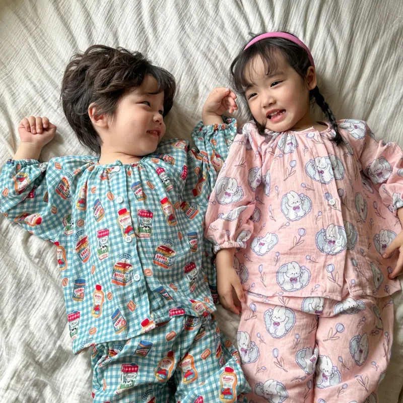 

New Spring Children Cotton double gauze soft pajama sets Boys Girls cartoon long sleeve Tops and pants Homewear