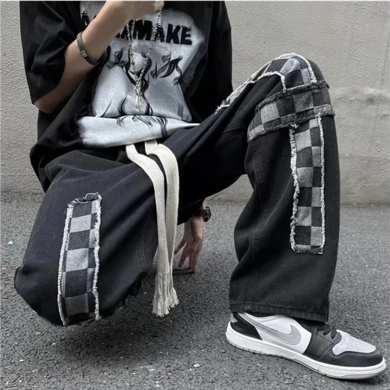DEEPTOWN Patchwork Vintage Jeans Men Loose Casual Streetwear Hip Hop Denim Pants Oversize Plaid Pants with Crosses Trousers Male
