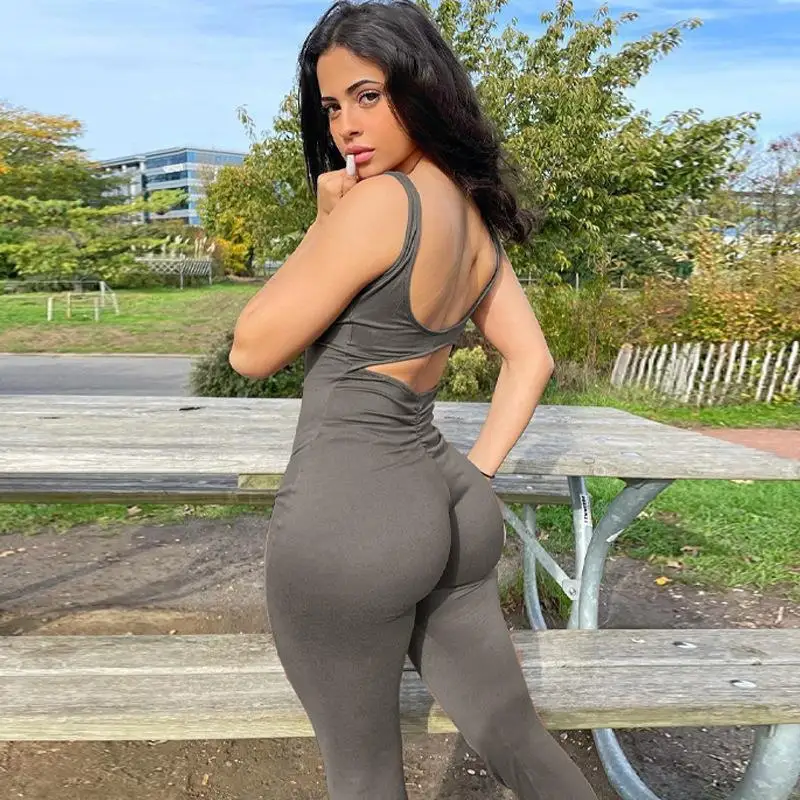 European and American Women's 2023 Summer New Fashion Solid Color Slim Fit Backless Sleeveless Shoulder Strap Jumpsuit