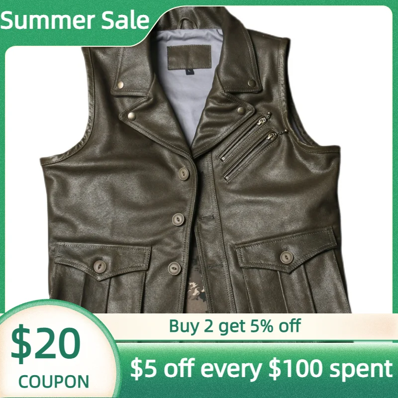 

2022 Retro Style Green Genuine Leather Vest Men Single Breasted Plus Size 4XL Real Natural Cowhide Summer Slim Fit Biker Coat