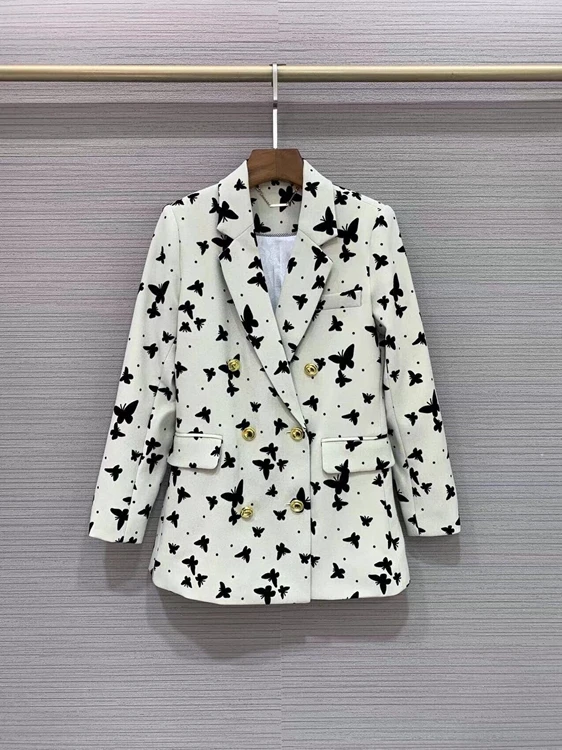 

2022 new women Fashion High Quality Long Sleeve Butterfly Embroidery Print Double Breasted Decorative Corduroy Blazer 721