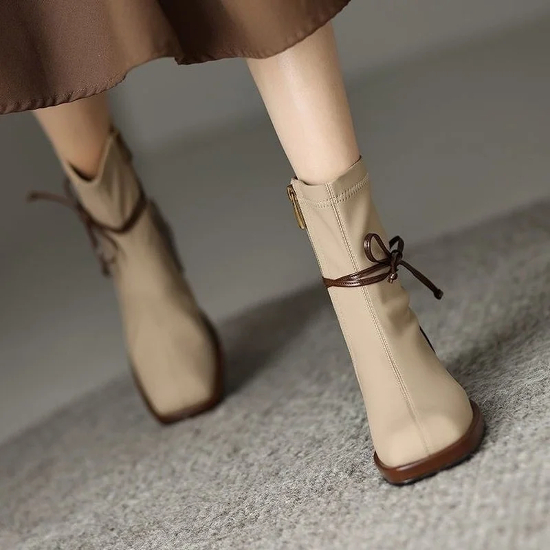 2022 Fashion Ankle Boots Thick Bottom Zipper Pu Leather Autumn Botas De Mujer Square Toe Mid-heel Winter Short Boots New