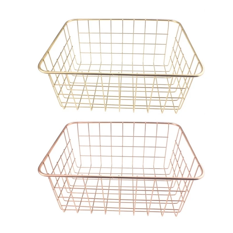 

2 Pcs Nordic Style Metal Wire Storage Basket Cosmetic Organizer Holder Bathroom Shelf - Gold & Rose Gold