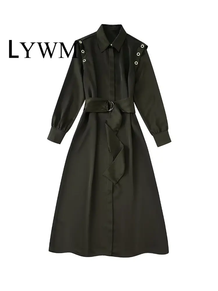 

LYWM Women Fashion With Belt Solid Single Breasted Midi Dress Vintage Lape Neck Long Sleeves Female Chic Lady Dresses