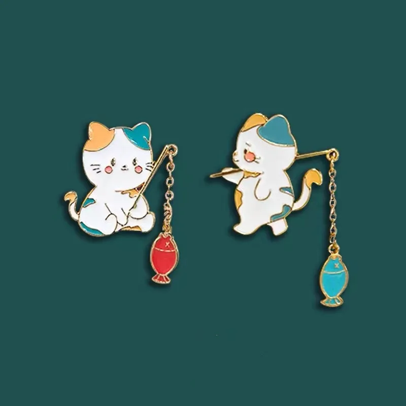 

New Creative Cartoon Cat Fishing Design Brooch Metal Enamel Cute Animal Kitten Badge Pin Best Friend Student Backpack Jewelry