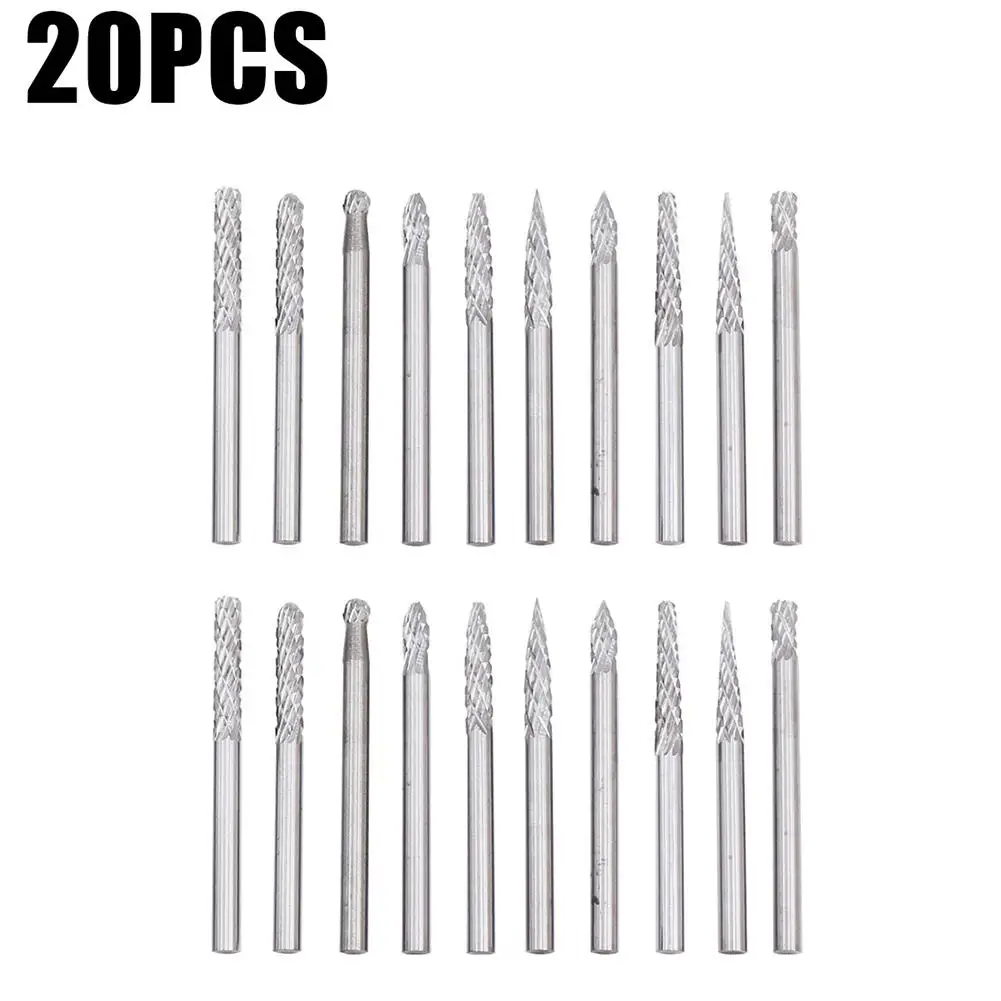 20Pcs Tungsten Carbide Milling Cutter 3mm Shank File Burr Cutting Reamer For Wood Carpentry Woodworking Tools