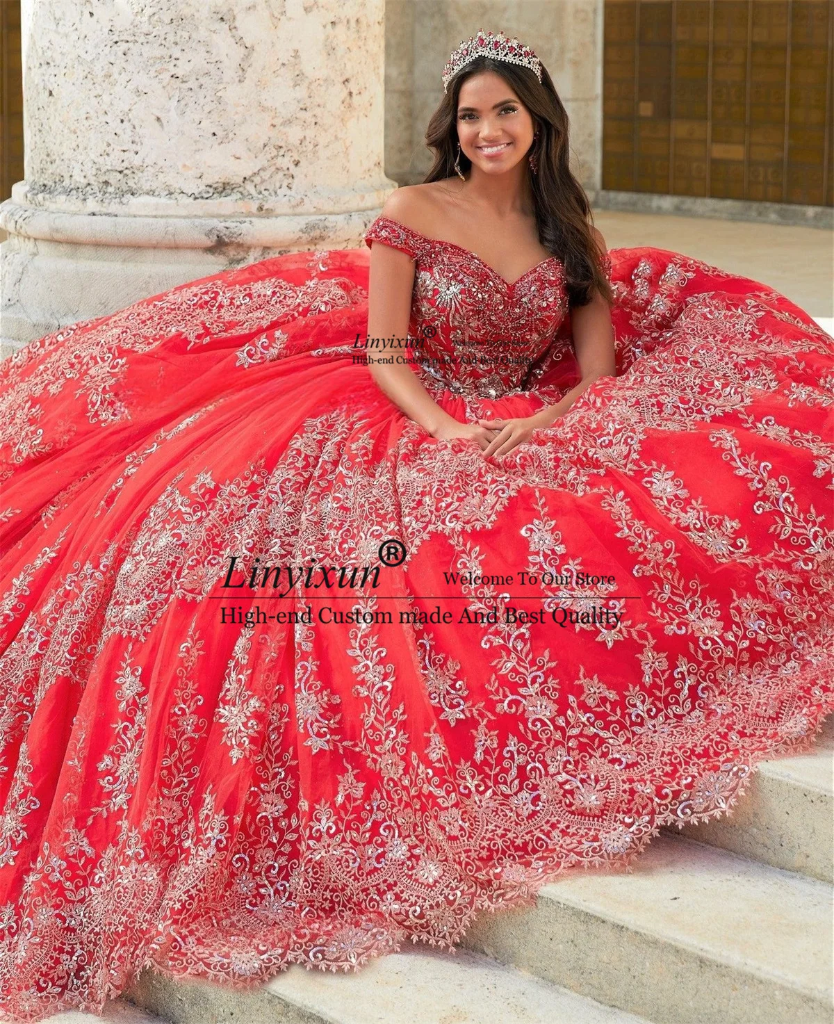 

Elegant Lace Appliques Quinceanera Dresses Ball Gown vestidos de 15 quinceañe Off Shoulder Beaded Sweep Train Sweet 16 Gown
