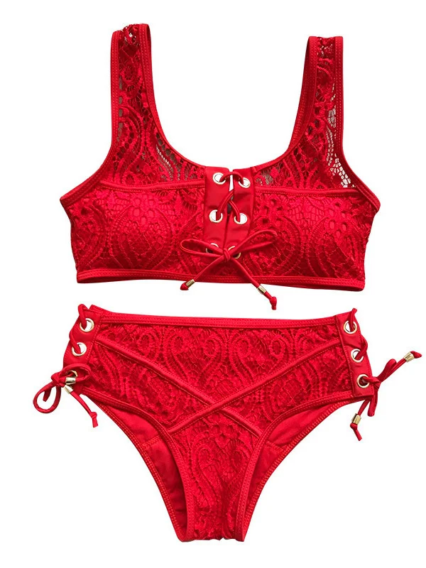 

Women's 2022 Swimsuit New Fashion Lace-up Sexy Lace High Waist Bikini Solid Color Swimsuit Push Up Biquini