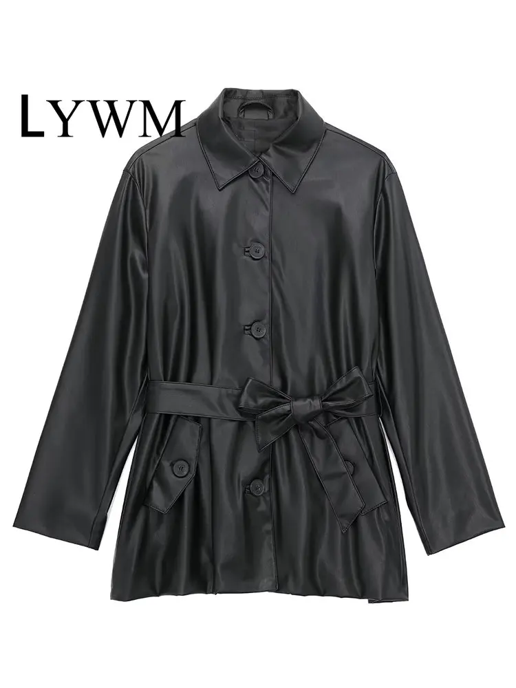 

LYWM Women Fashion With Belt PU Solid Single Breasted Jackets Vintage Long Sleeves Lapel Neck Female Chic Lady Outfits