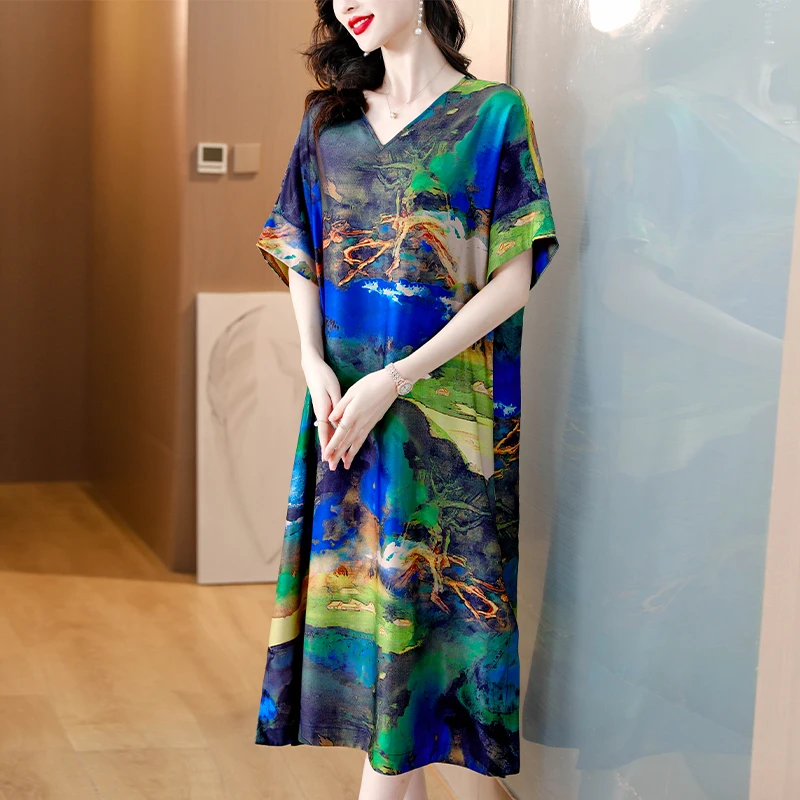 

Женское платье из натурального шелка, летняя юбка из плотного шелка тутового шелкопряда в ретро-стиле для мамы среднего возраста, новинка 2023