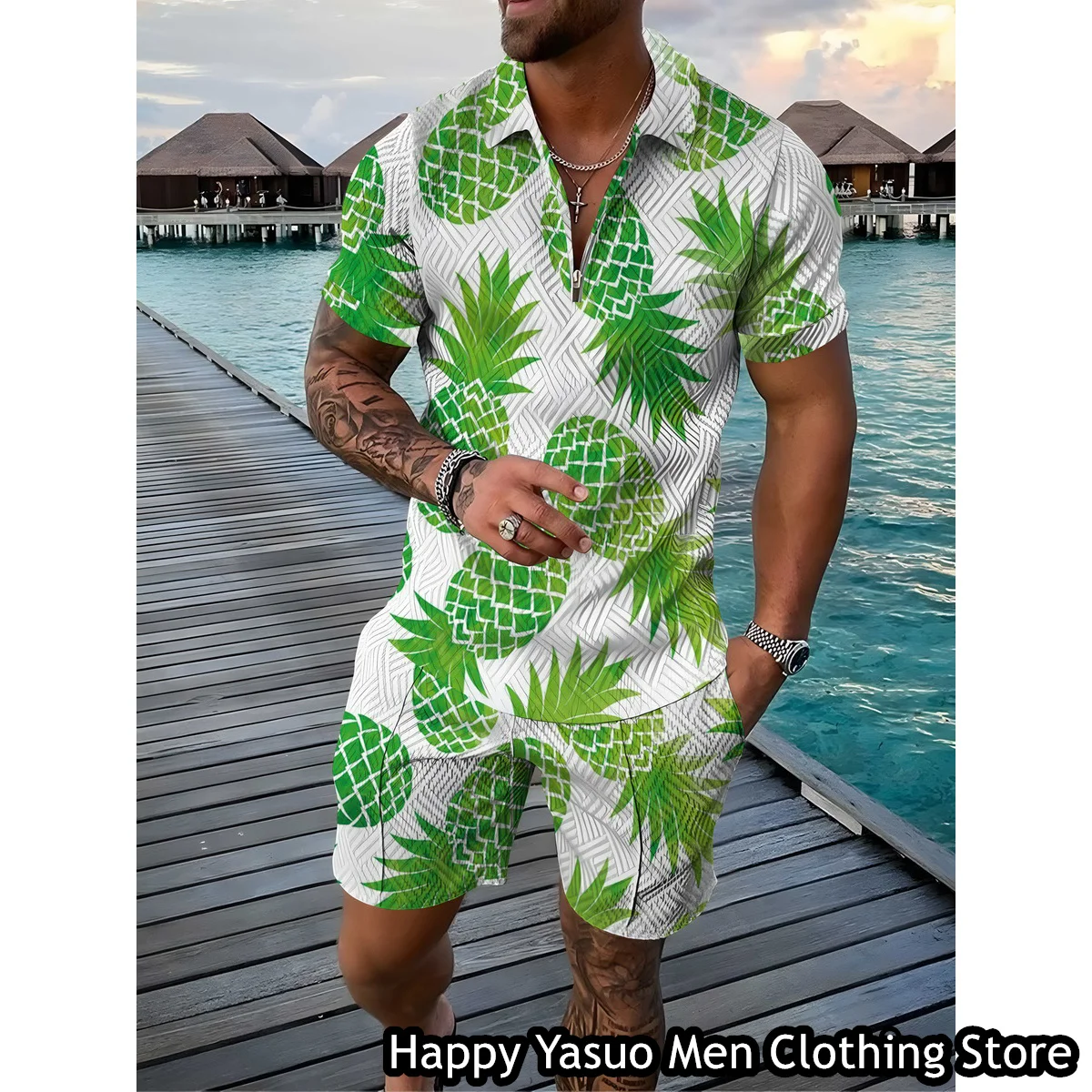 Summer Men Fashion Polo Shirt Set 2 Pieces Casual Tracksuit Fruit Printing Outfit Male Suit Retro Style Hawaii Clothing