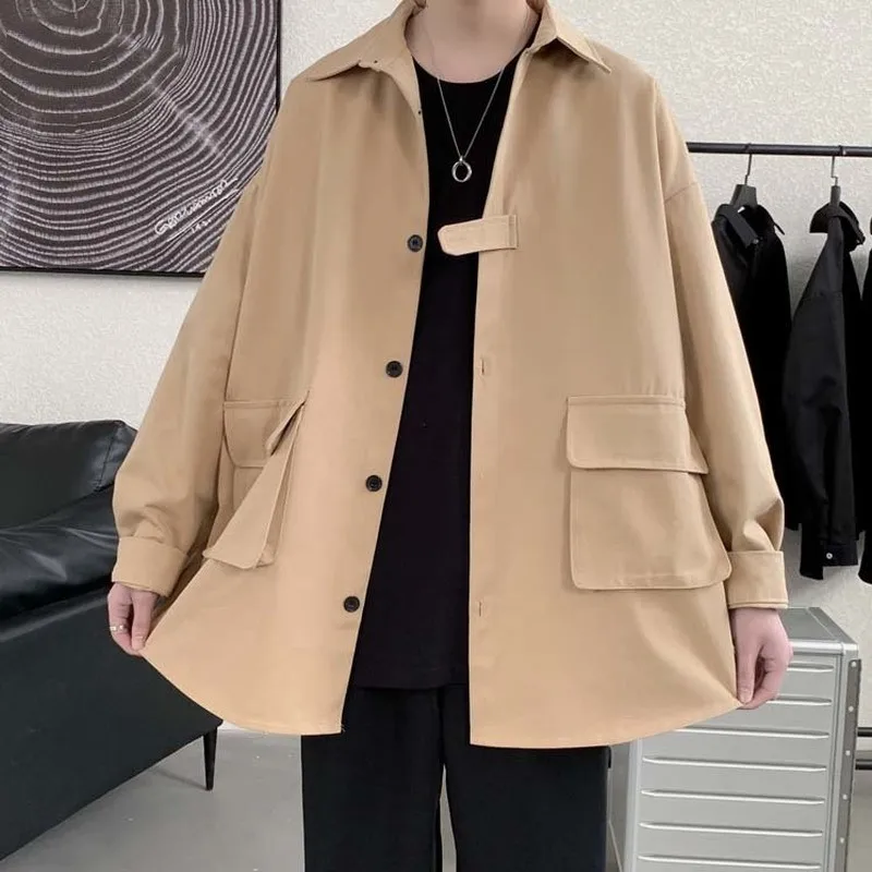 

Men Tooling Jackets Single Breasted Turn Down Collar Coats Male BF Harajuku Multi-pockets Retro Tactical Loose Streetwear Trend