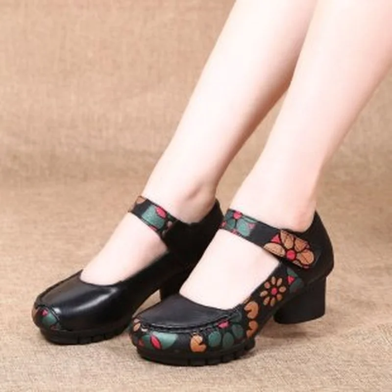 

Print High Heels Mary Janes Shoes Women 2022 Spring Hook Loop Sole Bottom Casual Shoes Woman Fashion Thick Heel Pumps Sandals