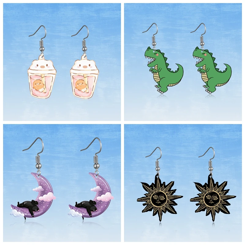 

Cartoon Purple Moon Cat Acrylic Earrings for Women Demon Skull Flame Sun Earings Fashion Jewelry Pea Dinosaur Octopus Charms New