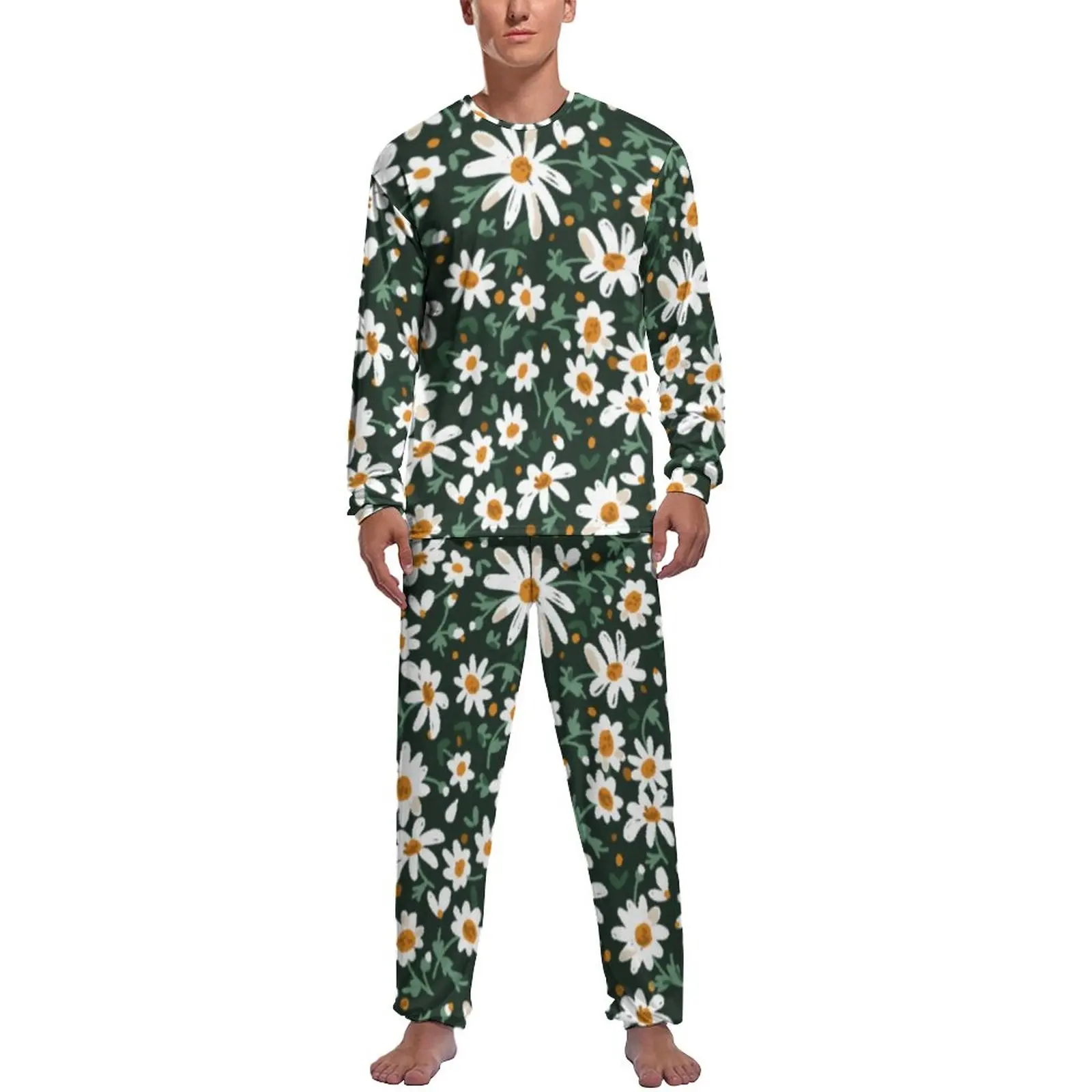 Elegant Daisy Pajamas Men White Flower Print Warm Sleepwear Autumn Long-Sleeve 2 Pieces Home Design Pajama Sets