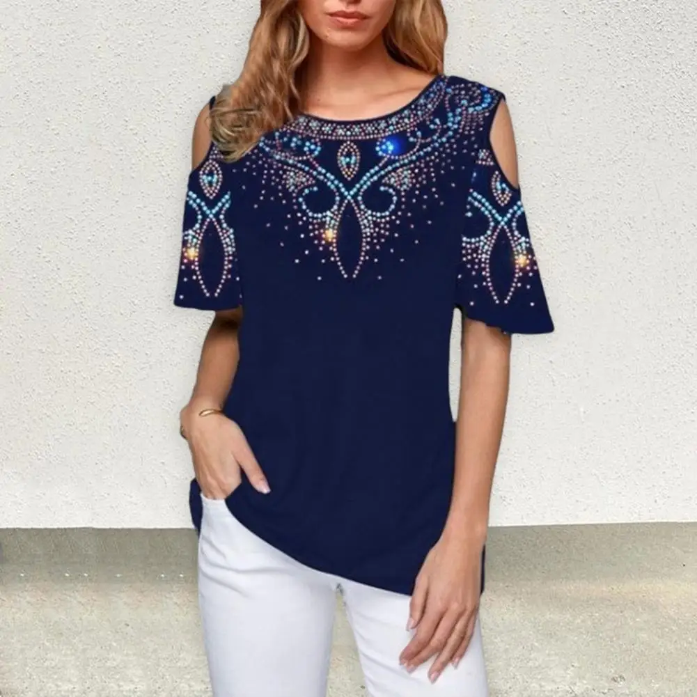 

Women T-shirt Round Neck Cold Shoulder Lady Tops Floral Print Short Sleeves Female Shirt Women Clothes