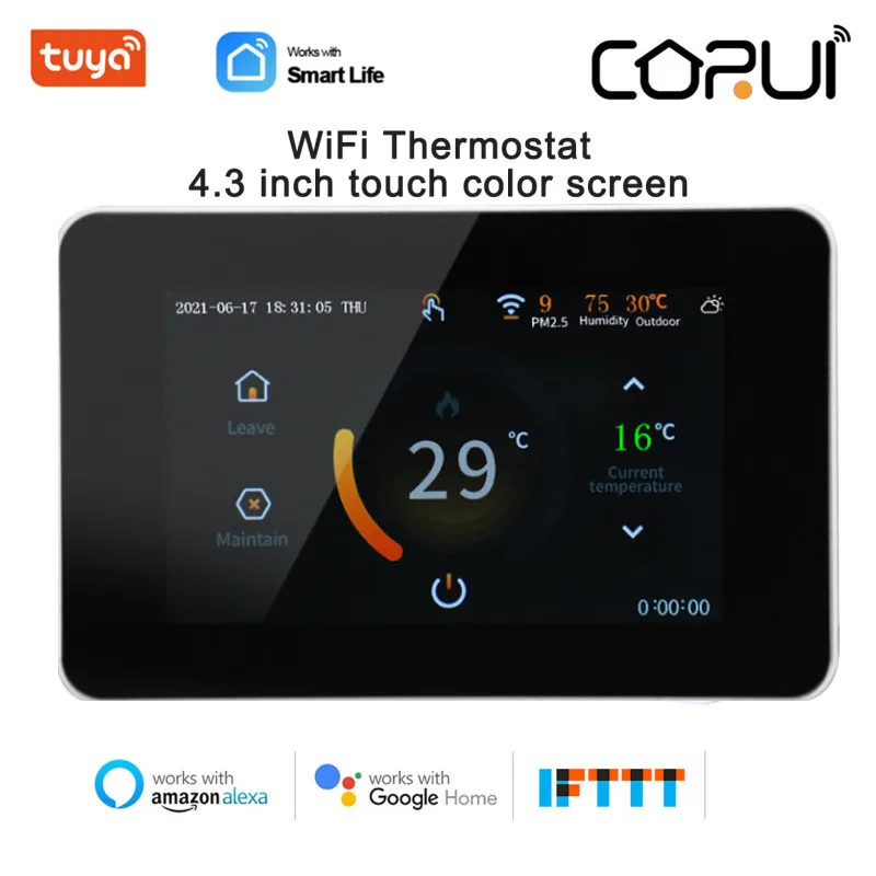 

CORUI WiFi Programmable Water Heating Thermostat PM2.5 Weather Forecast With Touchable Screen For Google Home Alexa Smart Life