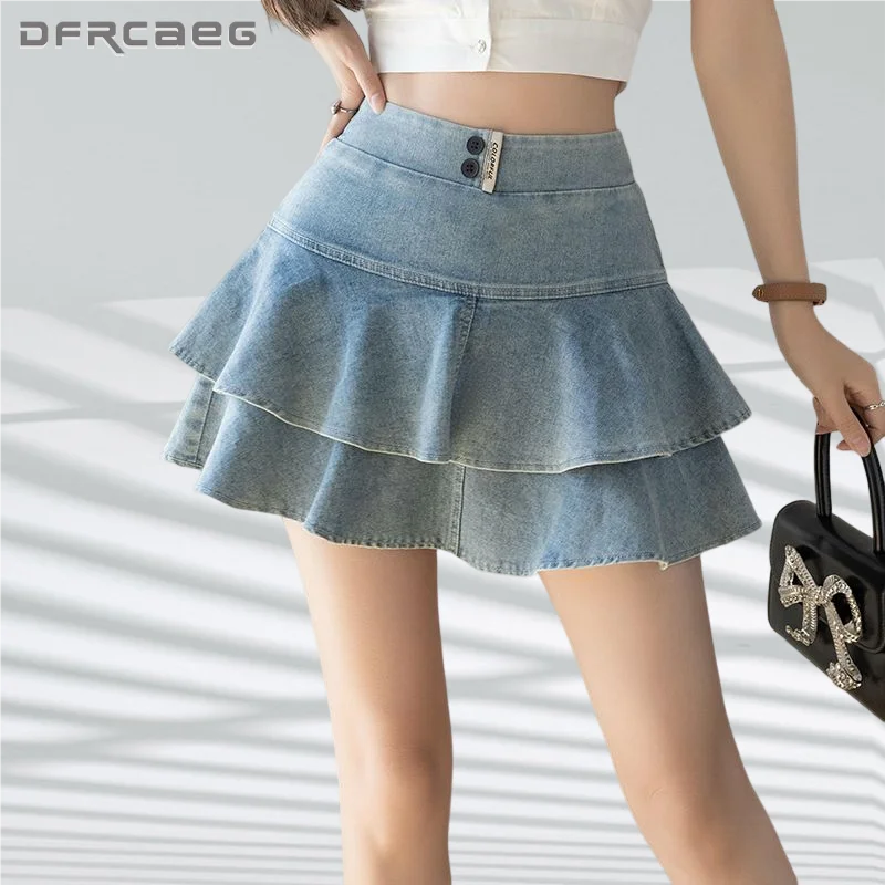 

Preppy Style Summer Woman Jean Cake Skirt With Ruffle 2023 High Waist Sweet Faldas Washed Cotton Jk Mini Denim Saias Ladies