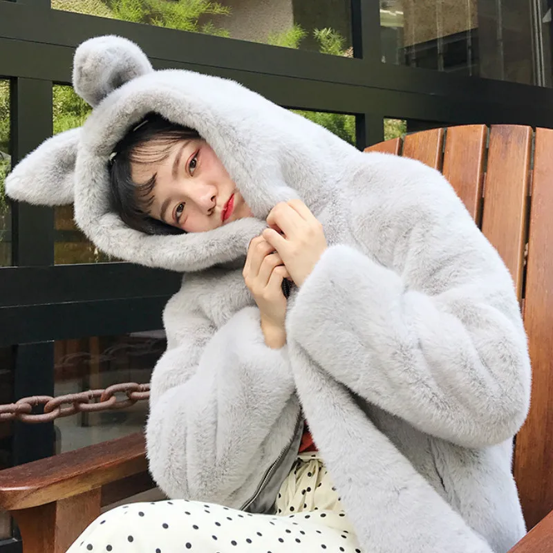 Cartoon Imitation Rabbit Fur Grass Padded Cardigan Fashion Jacket Cute Hooded Faux Fur Rabbit Ears Hooded Fluffy Jacket Women