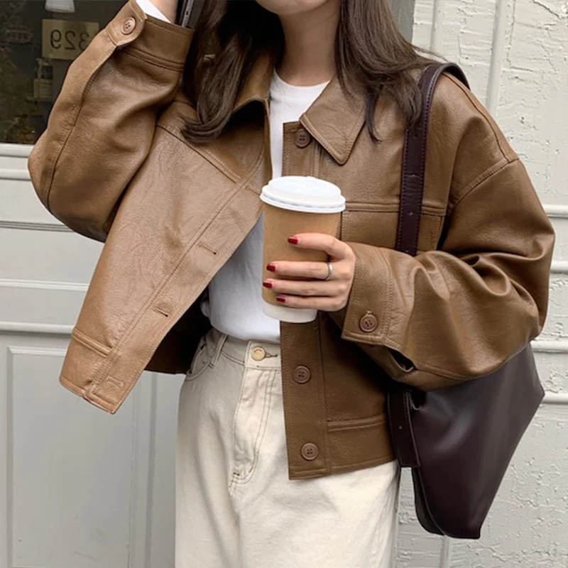 Casual Women's Leather Jacket Short Fashion Single Breasted Lapel Loose-fit Korean Style Elegant PU Leather Coats кожаная куртка