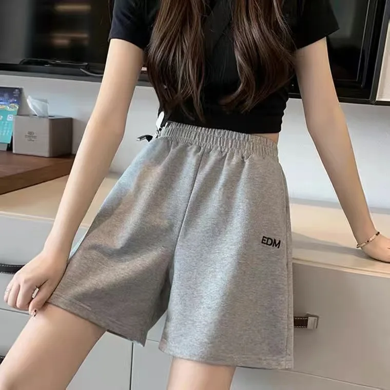 Summer Women Men Shorts Geometric Printing Loose Elastic Waist Sport Casual Solid Streetwear Korean Style