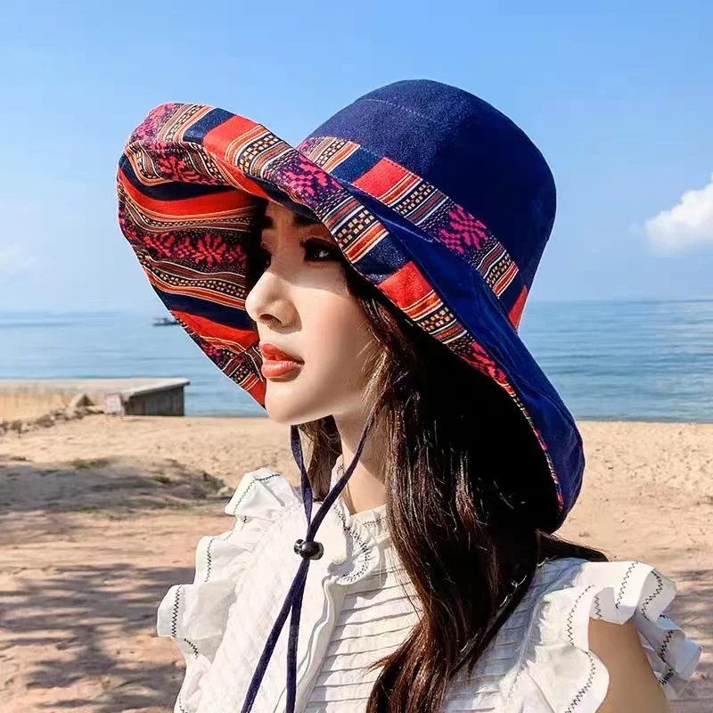 

2023 New Fisherman Hat Women Ethnic Style Big Eaves Hat Double-sided Wear Anti-ultraviolet Sun Hats Outdoor Travel Fisherman Cap