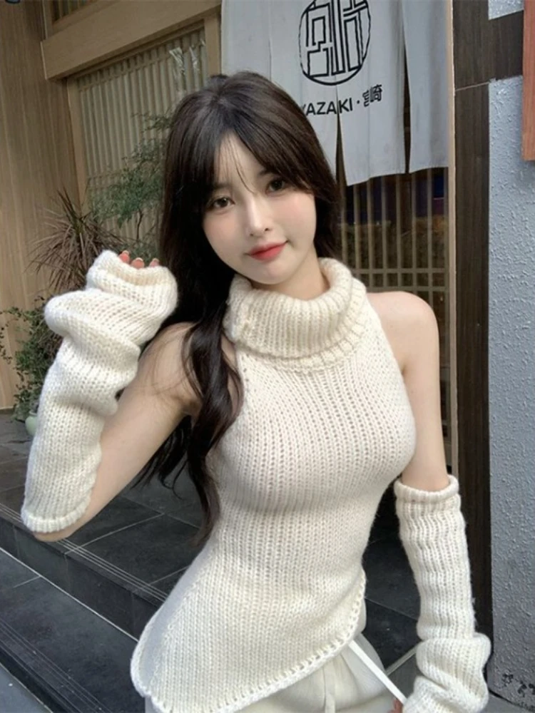 Y2k эстетичный Однотонный свитер жилет необычная трикотажная водолазка пуловеры