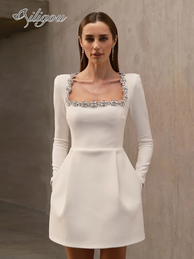 Ailigou 2024 новое летнее женское белое платье с длинными рукавами и квадратным
