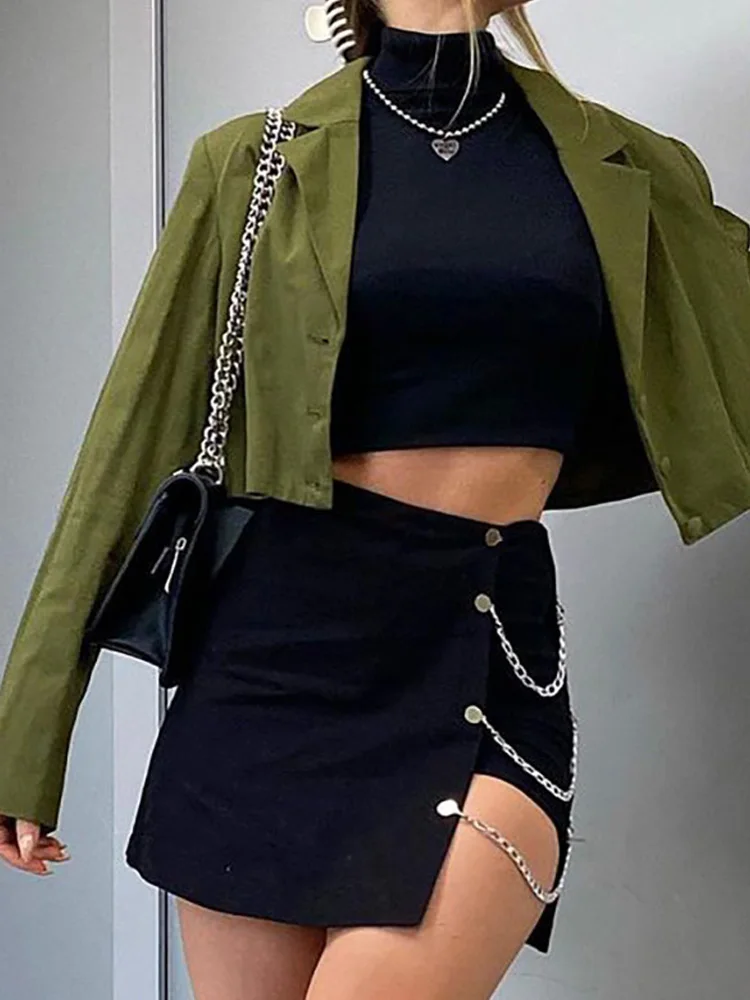 

Sexy Mini Soild Silm Lrregular Chain Skirt For Women Clothes Streetwear Asymmetrical Zipper High Waist Fashion Mujer Black Falda