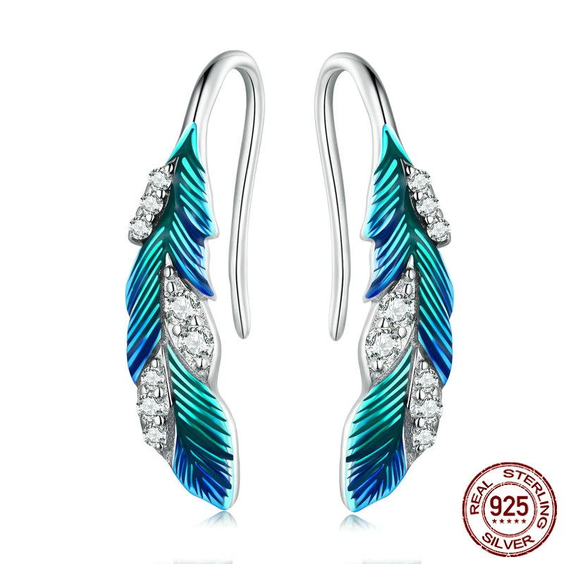 

DISINIYA 925 Sterling Silver Blue Feathers Earrings Pave Setting CZ for Women Birthday Gift Chic Dazzling Fine Jewelry BSE707