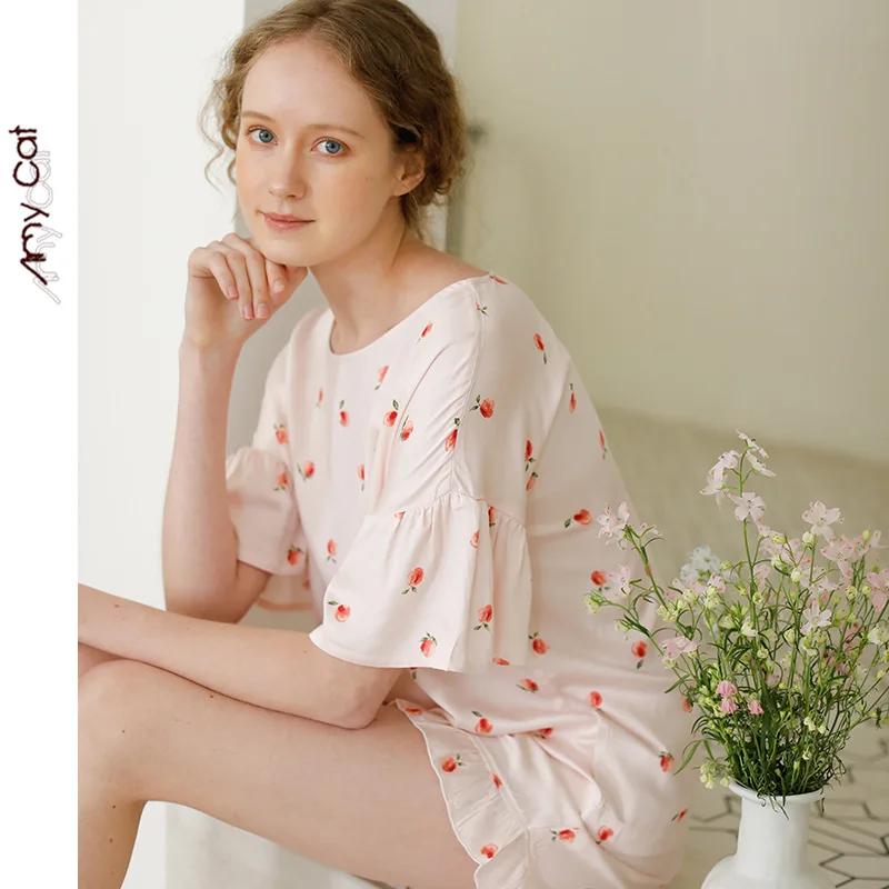 Women's Pajamas Cotton Round Neck Lotus Leaf Short Sleeve Pullover Top Casual Shorts Sleepwear Women Two Piece Set Summer Pjs