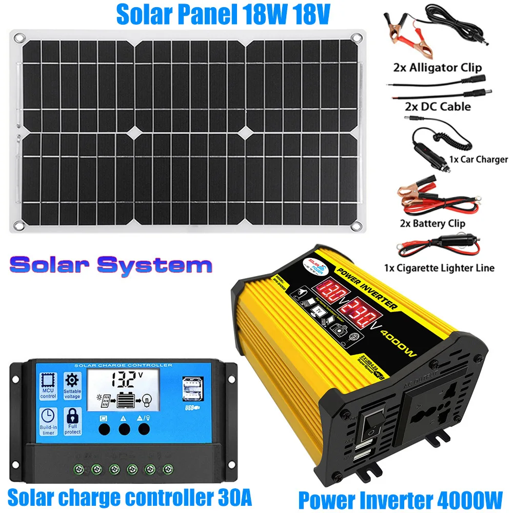 

Solar Panel System 18V 18W Solar Panel Kit 30A Charge Controller 4000W Modified Sine Wave Inverter 110V Power Generation