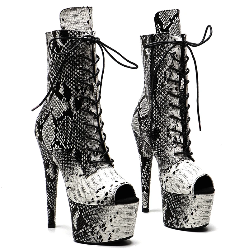 Leecabe  17CM/7inches Snake PU Upper  High Heel platform Boots Open  toe Pole Dance boots