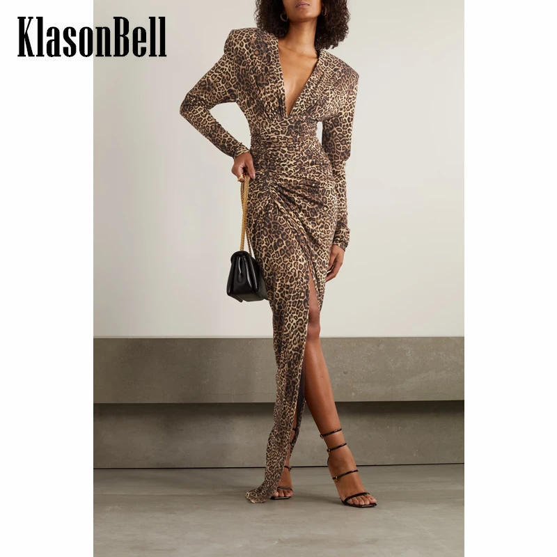 

12.14 KlasonBell Sexy & Club Party Deep V-Neck Shoulder Pads Leopard Print Ruched Slim Split Maxi Dress Women