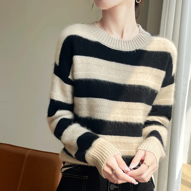 Модный универсальный женский семиконтактный горизонтальный шерстяной свитер из