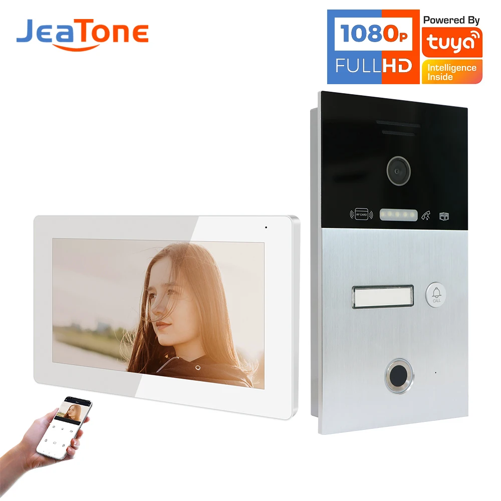 Jeatone 1080P Fingerprint Video Intercom System Apartments WiFi Video Doorbell Intercom Call Phone Card Unlcok 120°Wild Angle