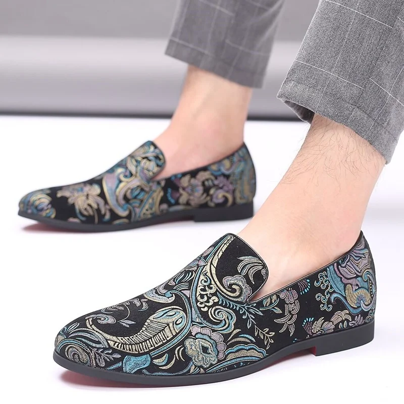 New Brand Casual Business Shoes Handmade Floral Print Suede Loafers Free Shipping Summer Mocasines Party Dress Shoes