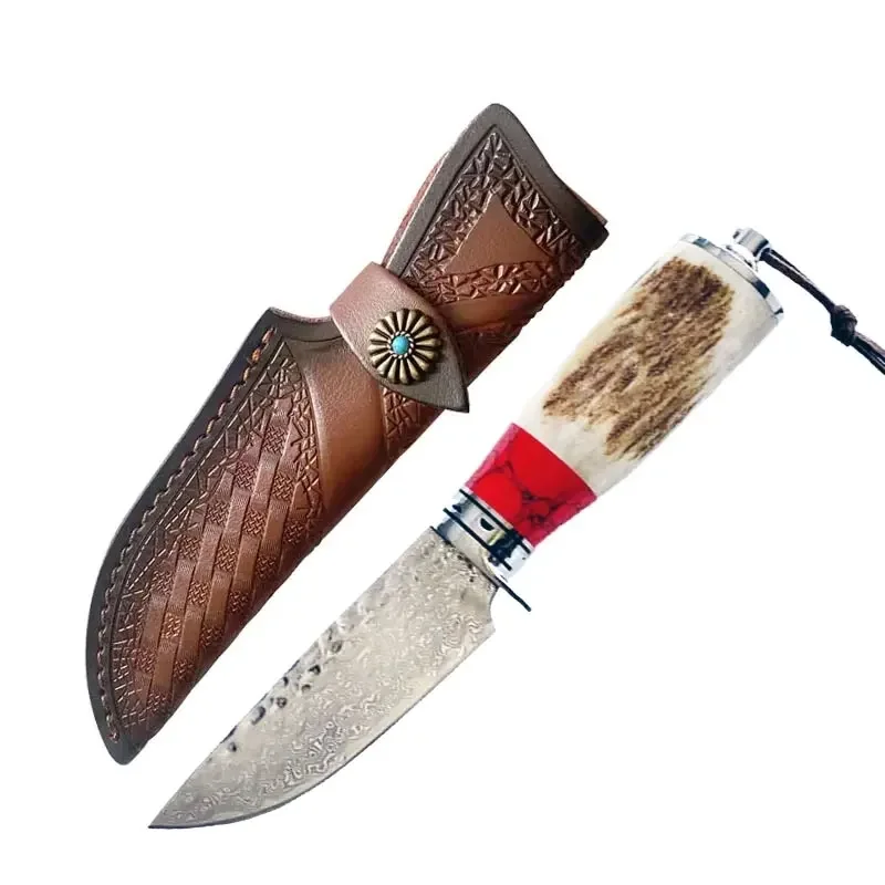 Охотничий нож из дамасской стали тактический удобный Клинок с красным бирюзовым