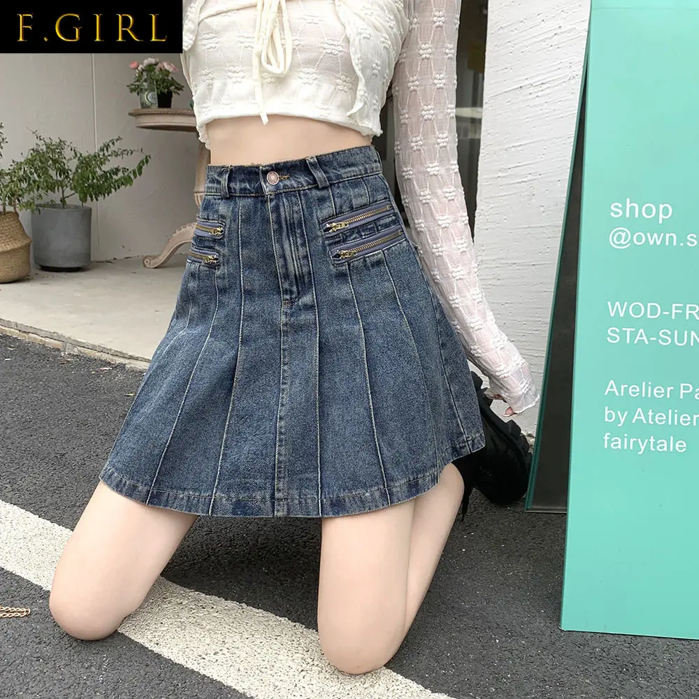 

Женские джинсовые плиссированные юбки F, милые синие летние универсальные юбки с высокой талией в винтажном Корейском стиле, молодежные юбк...
