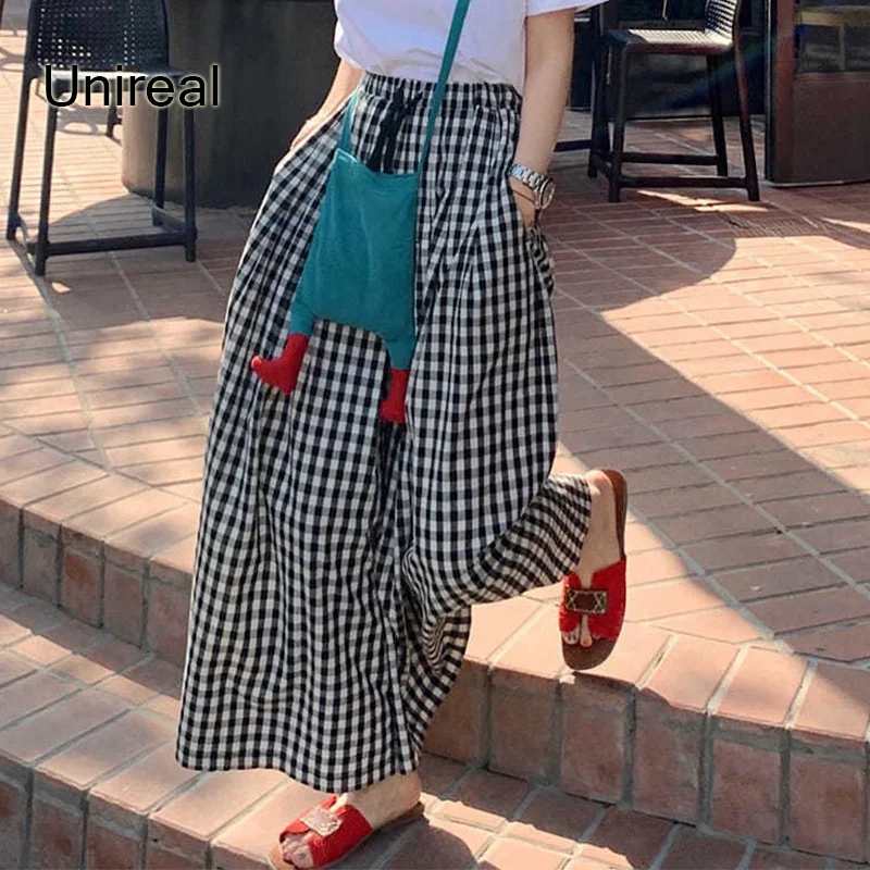 

Unireal 2023 Summer Women Wide Leg Pant Culottes High Waist Drawstring Casual Palazzo Pant Plaid Cropped Trousers Skirt Pants