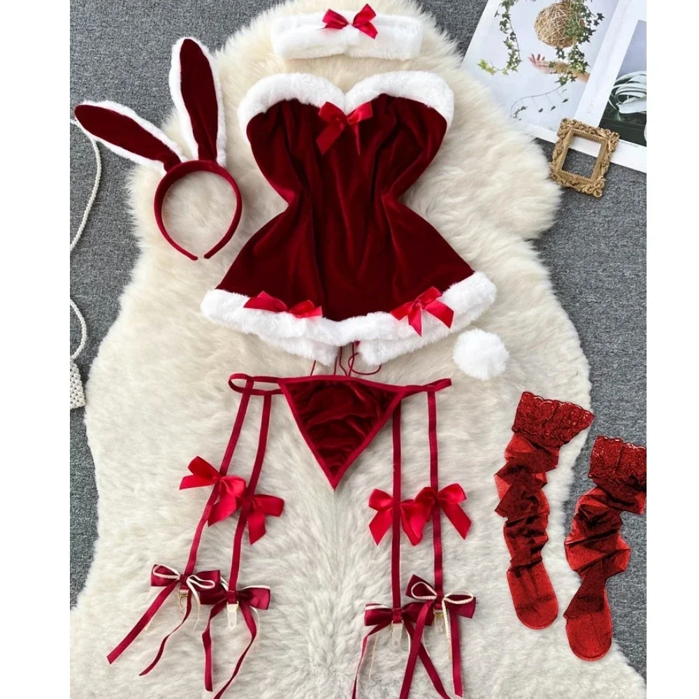 Winter Patchwork Christmas Hotsweet Women's Short Dress Sexy Bodycone Plush Red Cross Strap Halter Neck Erotic Mini