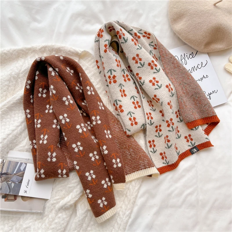 

Корейский стиль Цветочный вязаный шарф для женщин дизайнерский зимний теплый кашемировый шейный платок узкая бандана Женская шерстяная пряжа фуляр