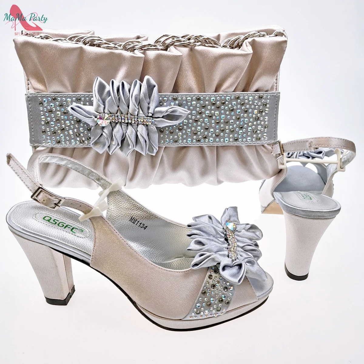 

Spring Autumn Shinning Crystal Design Shoes Matching Bag Set in Silver Color For African Women Wedding