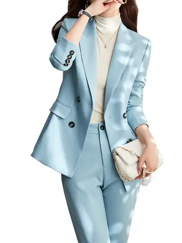 Костюм брючный женский деловой из 2 предметов, двубортный Блейзер и брюки с длинным рукавом для работы и офиса