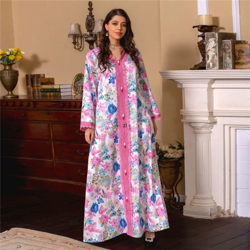 Elegant Jalabiya Floral Print Women Long Arabic Dress Moroccan Kaftan Dubai Abaya Evening Party Ball Gown Ramadan Muslim Robe