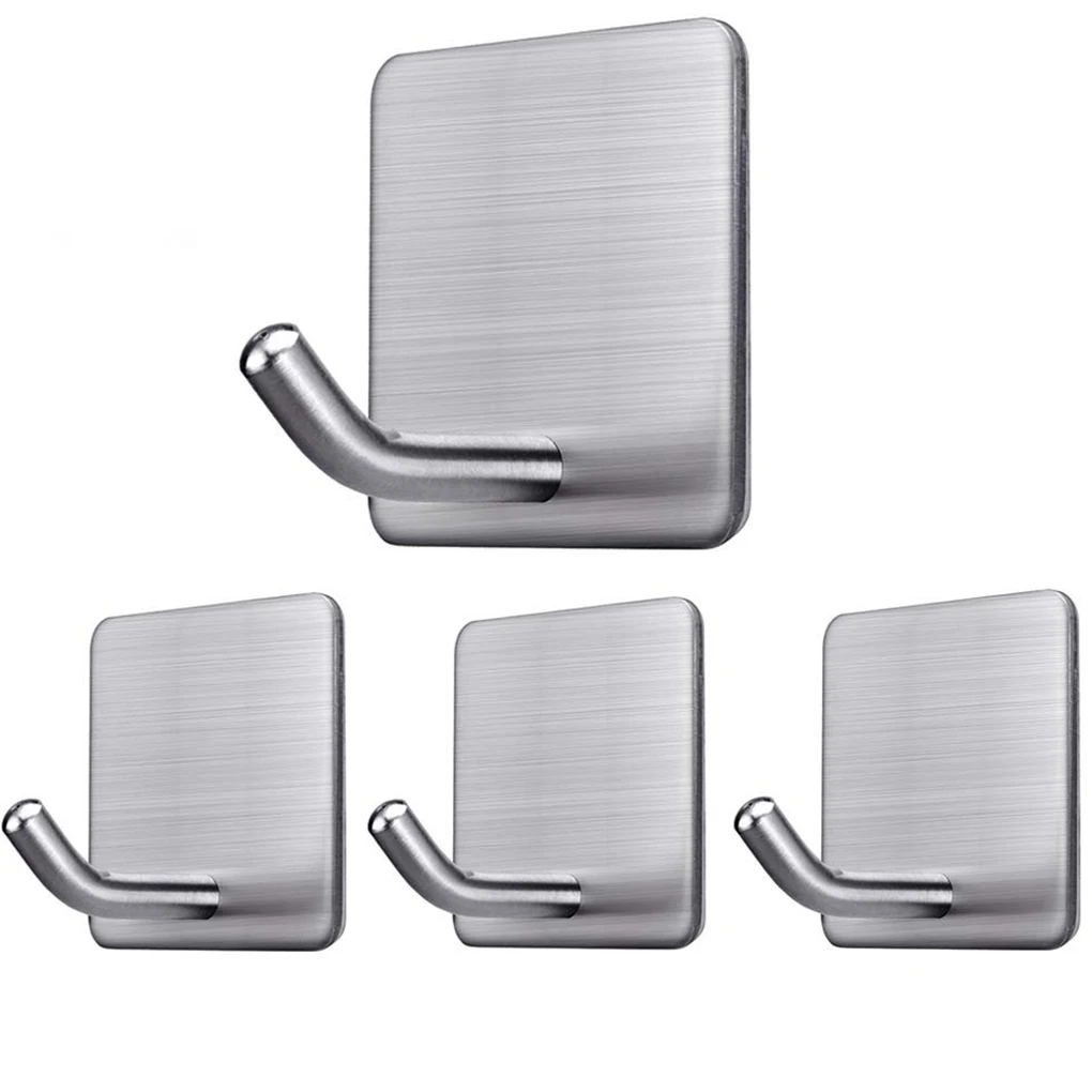 

4pcs Adhesive Hooks Stainless Steel Hook Heavy Duty Wall Sticker Coat Hangers Bathroom Kitchen Organizer Hanging Keys