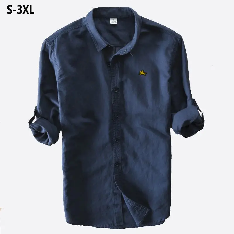 Рубашка мужская с вышивкой и длинным рукавом повседневная сорочка из льна хлопка