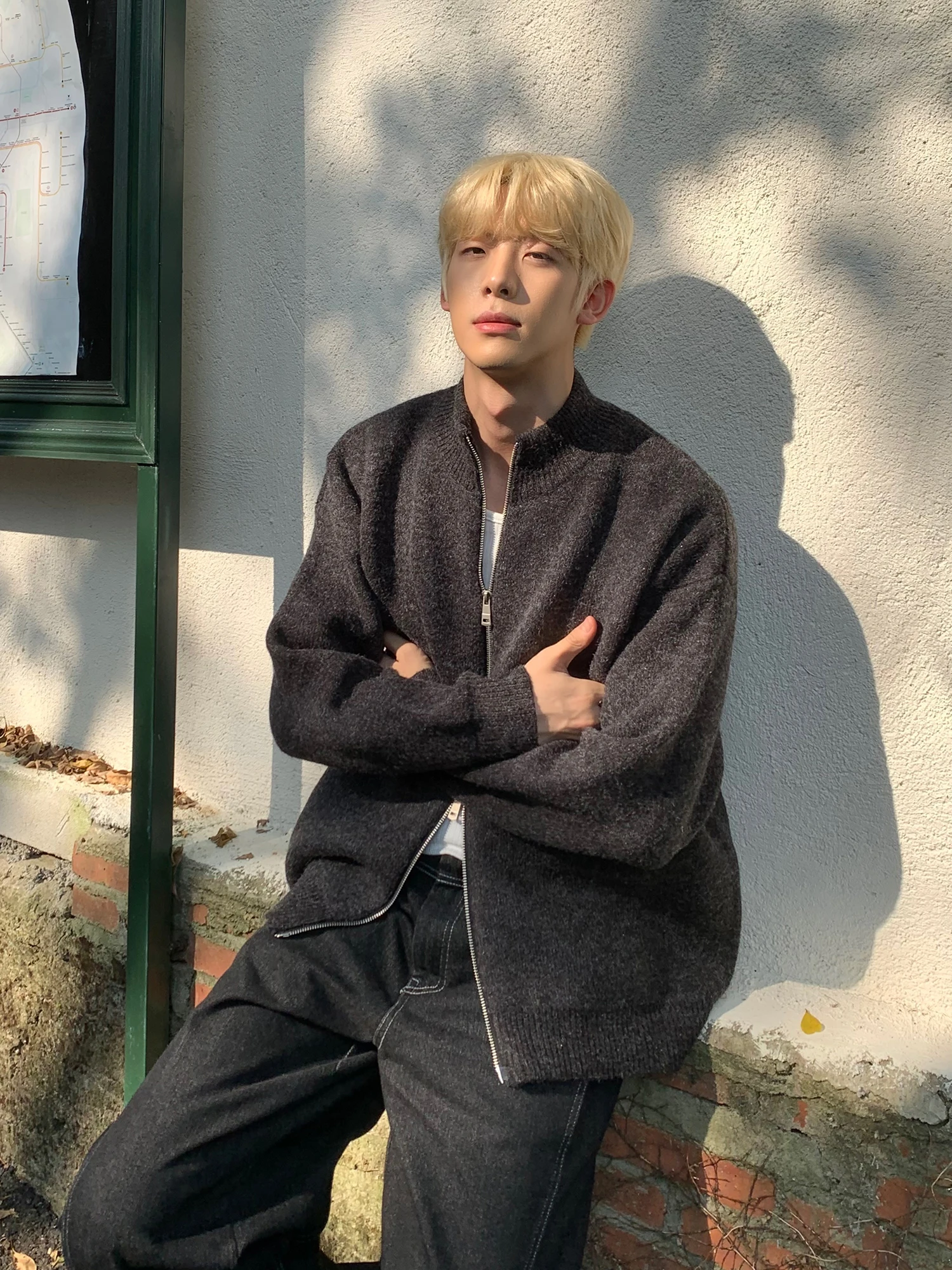 AP MMDD однотонный простой кардиган с двойной молнией дизайн воротник-стойка свитер